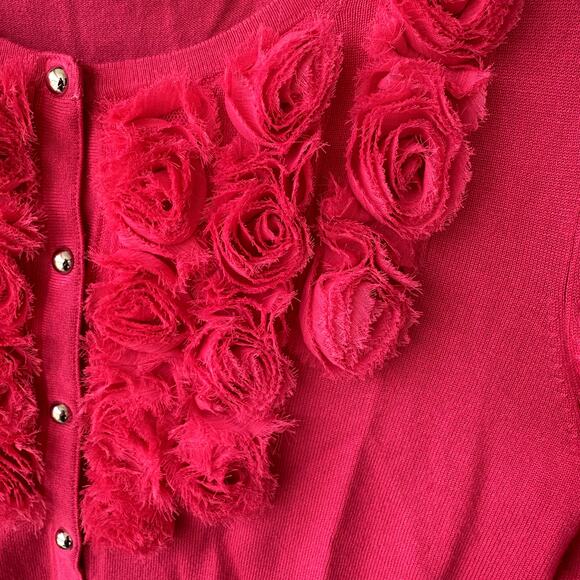 WHBM Sz XS Hot Pink Roses Rosettes Cardigan Sweater w/ Silver, Coquette Romantic - Picture 3 of 8